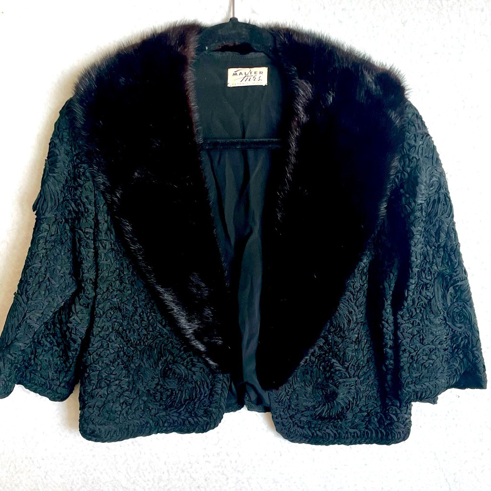 Vtg Women’s Evening Jacket Black Soutache w/ Real Fur Detachable Collar Sz 8 Fit